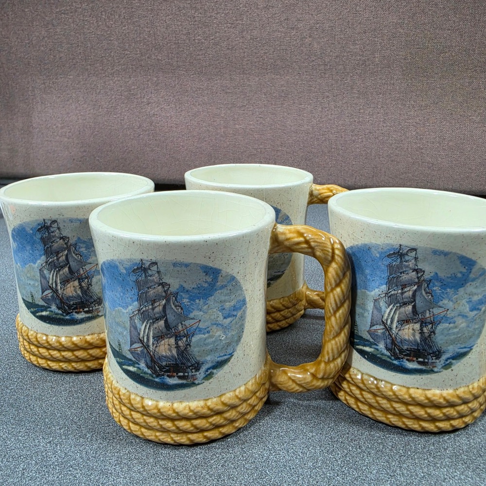Nautical Ship Mugs Set of 4‎ Cream Tan Good Rope Handle Crazed Glaze